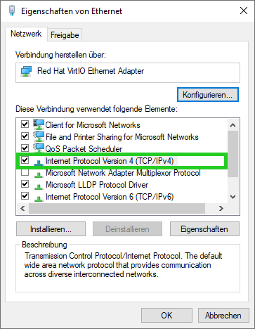 Screenshot des Fensters Eigenschaften von Ethernet. In diesem Fenster ist das Element Internetprotokoll Version 4 (TCP / IPv4) hervorgehoben.