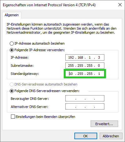 Screenshot des Fensters Eigenschaften von Internet Protocol Version 4 (TCP/IPv4). In diesem Fenster ist das Feld Standardgateway hervorgehoben.