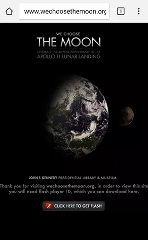 Screenshot da dispositivo mobile di un sito basato su Flash sul primo sbarco sulla luna