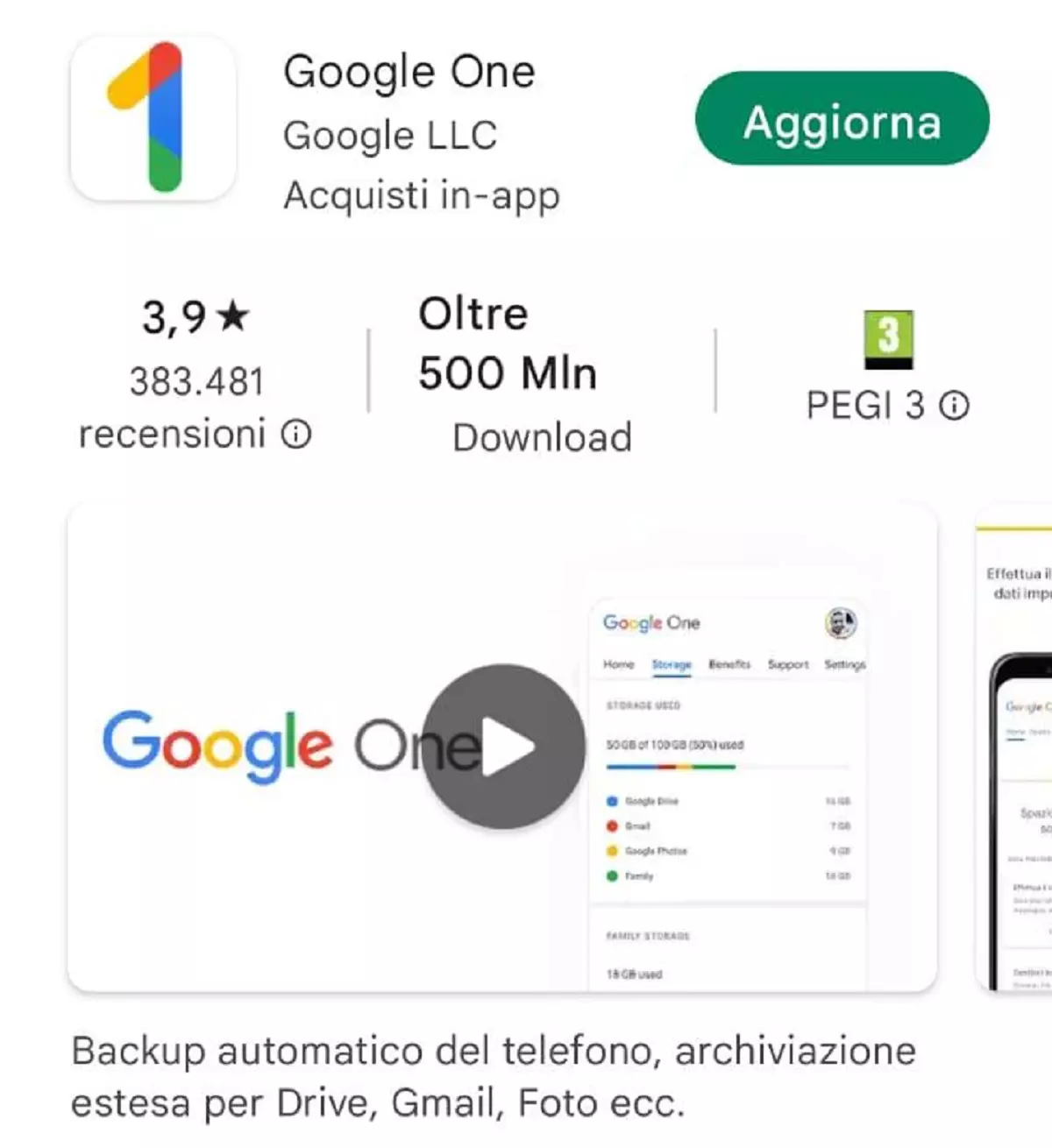 L’app Google One nel Google Play Store