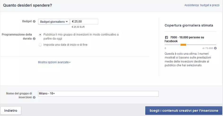 Budget e programmazione per la pubblicità su Facebook