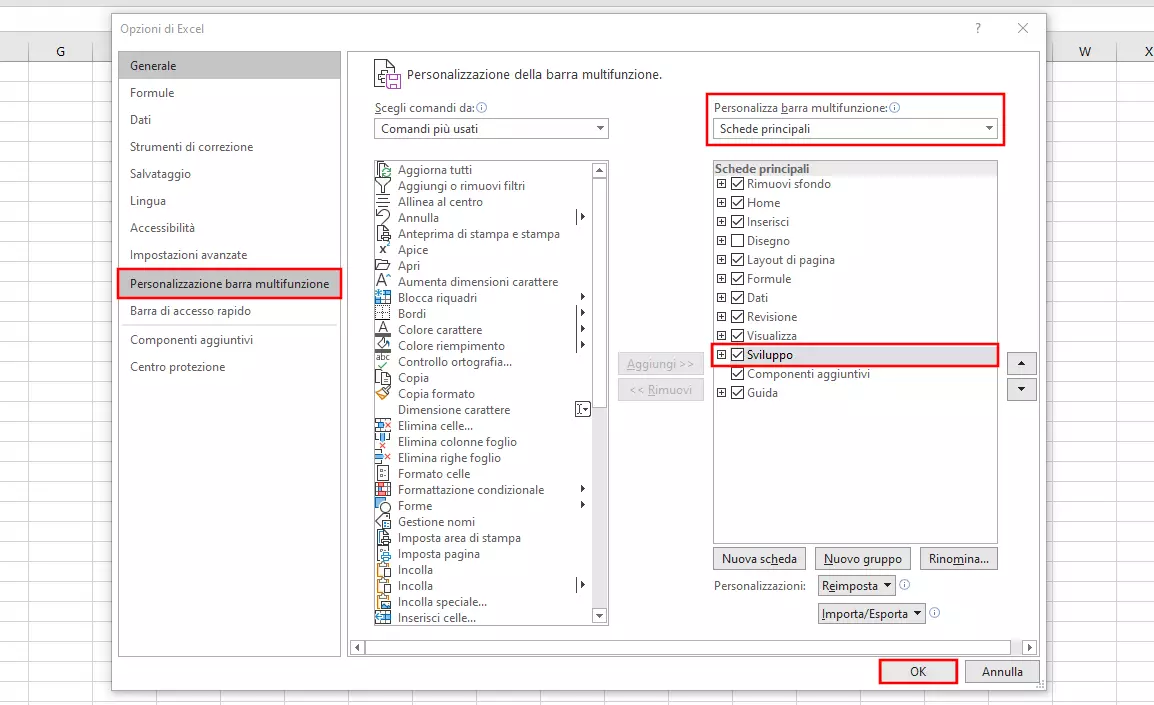 VBA di Excel: menu per la personalizzazione delle barra multifunzione con l’opzione Sviluppo