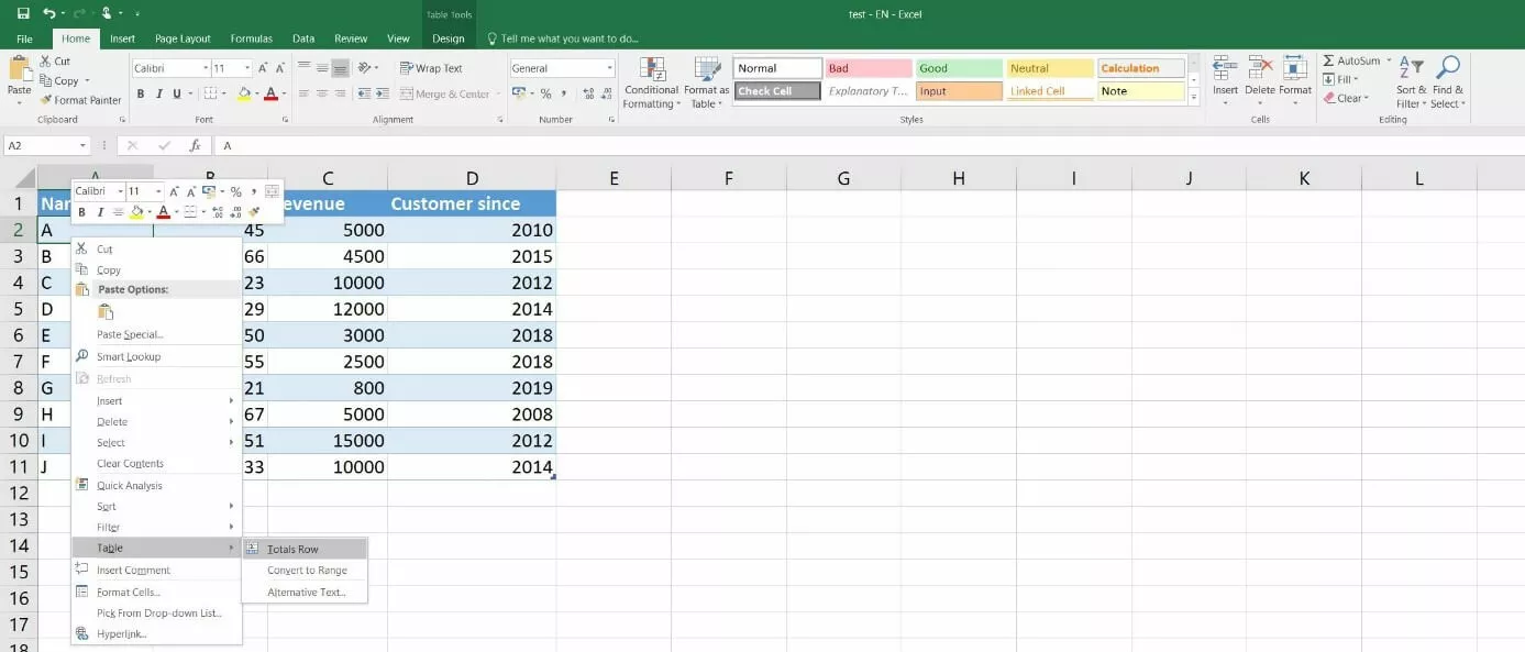 Excel 2016: aggiungere la riga Totale alla tabella