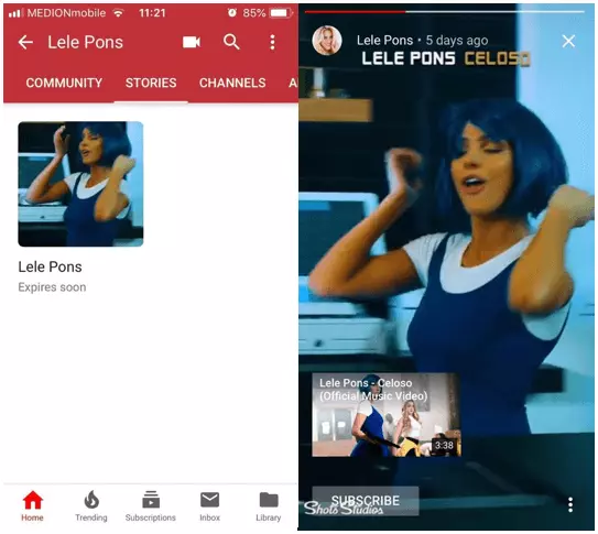 App mobile di YouTube: come viene visualizzata una story