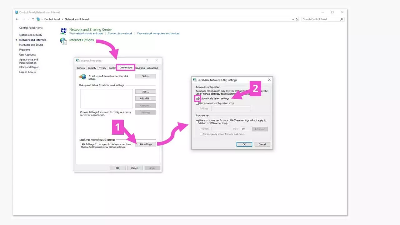 Pannello di controllo di Windows: impostazioni di connessione