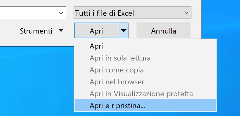 Scelta della voce “Apri e ripristina” su Excel