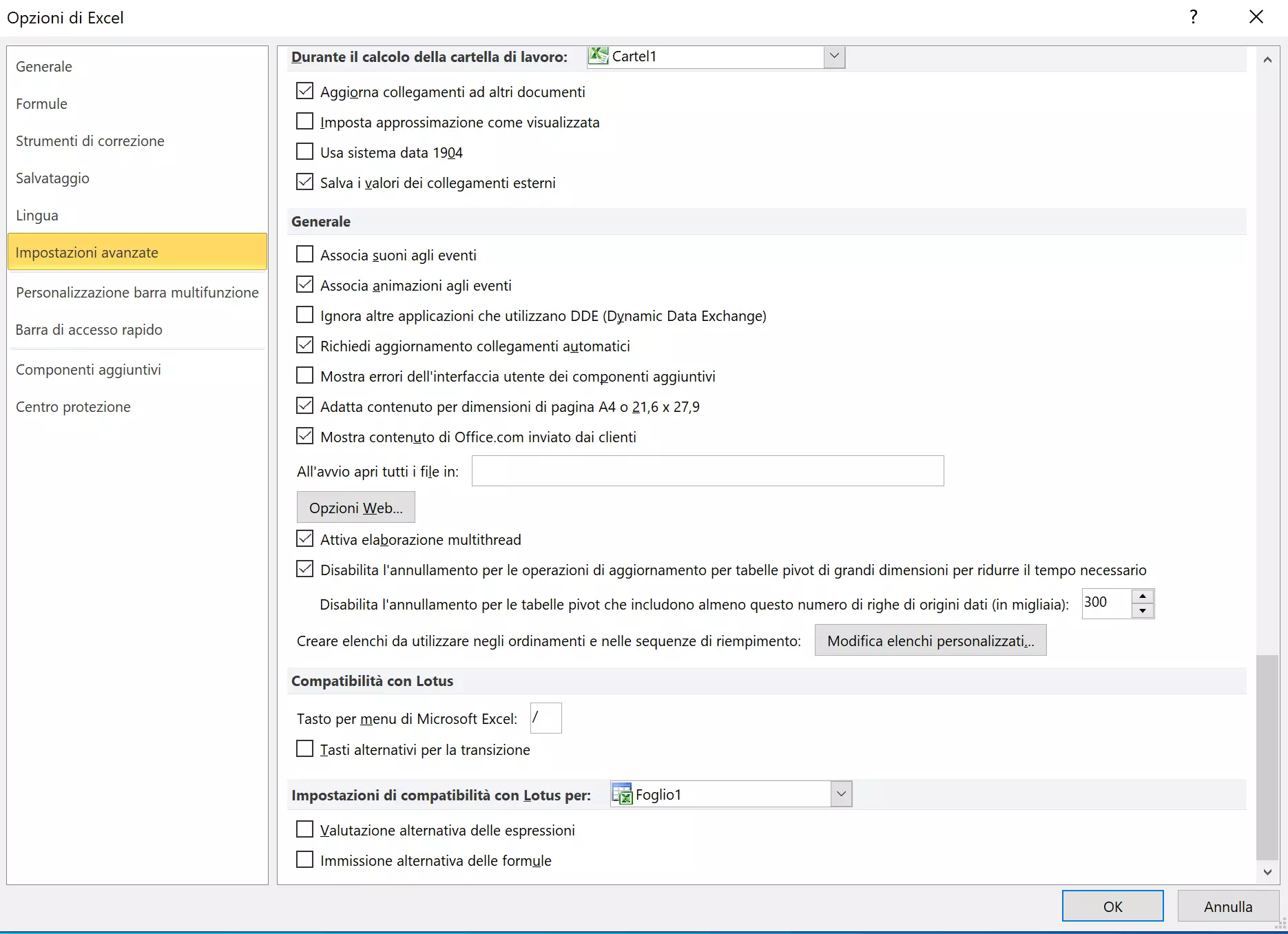 Impostazioni avanzate in Excel