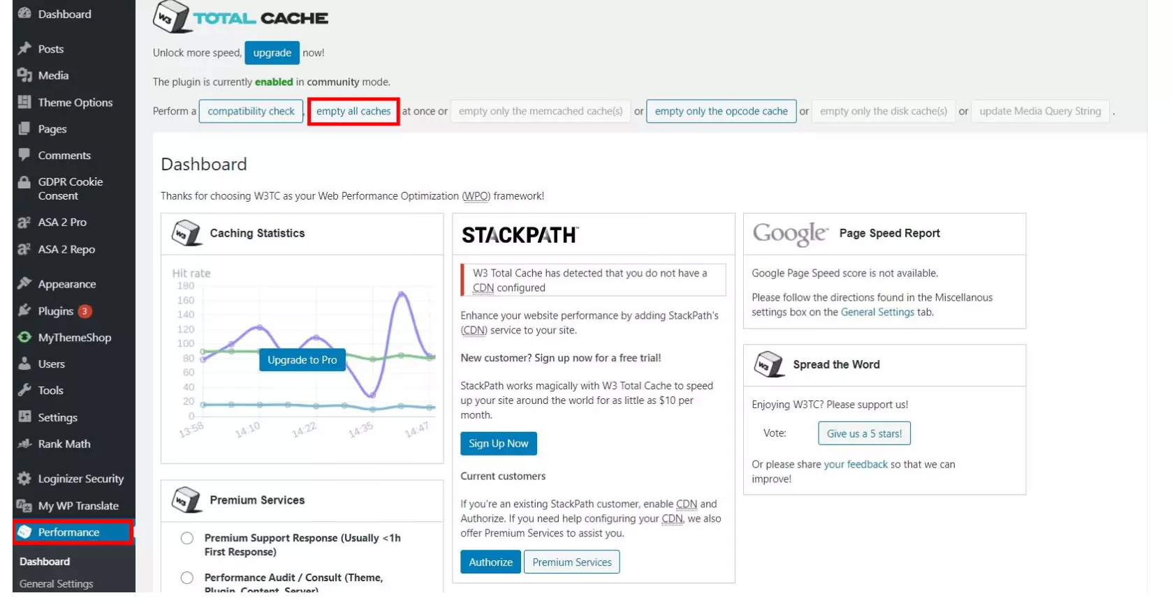 Dashboard W3 Total Cache: possibilità di cancellare la cache tramite il menu delle impostazioni del plug-in