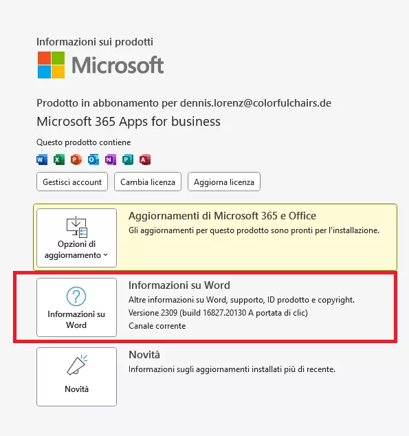 Microsoft Word 2016: pagina “Account“