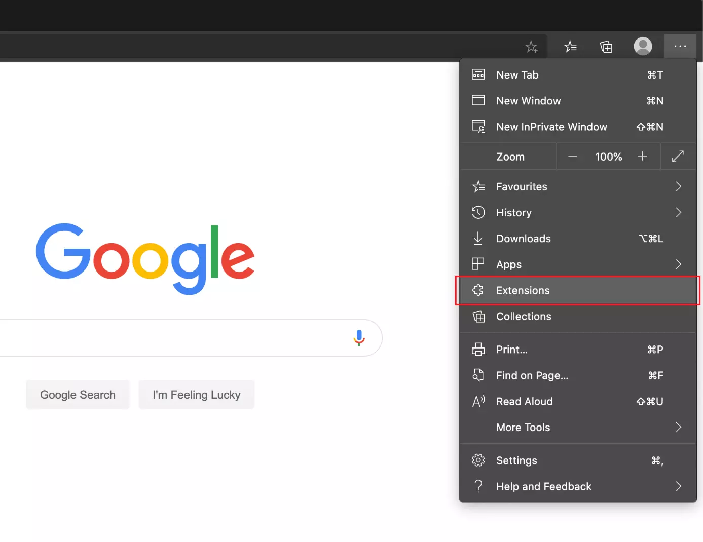 Il menu di Microsoft Edge con evidenziata la voce “Estensioni”