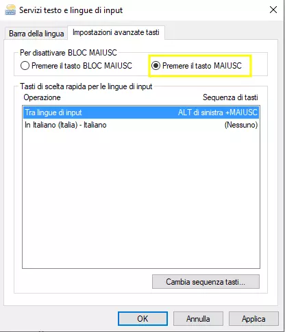 Disattivare il tasto BLOC MAIUSC con il tasto MAIUSC