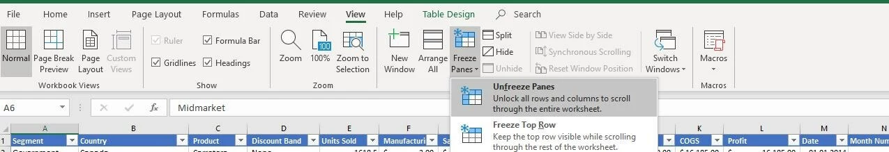 Opzione "Sblocca riquadri" in Excel