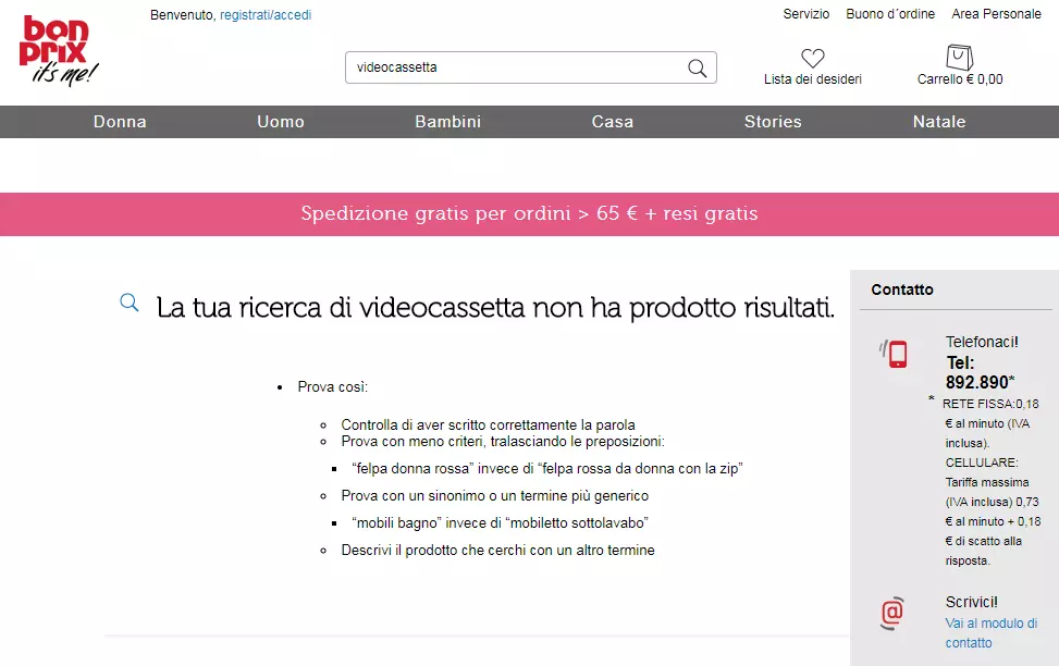 Screenshot della ricerca di "videocassetta" sullo shop online Bonprix