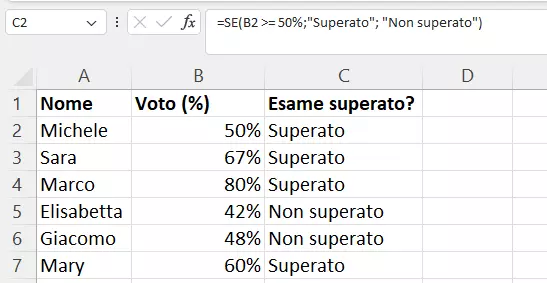 Foglio Excel con distinzione tra esame superato e non superato