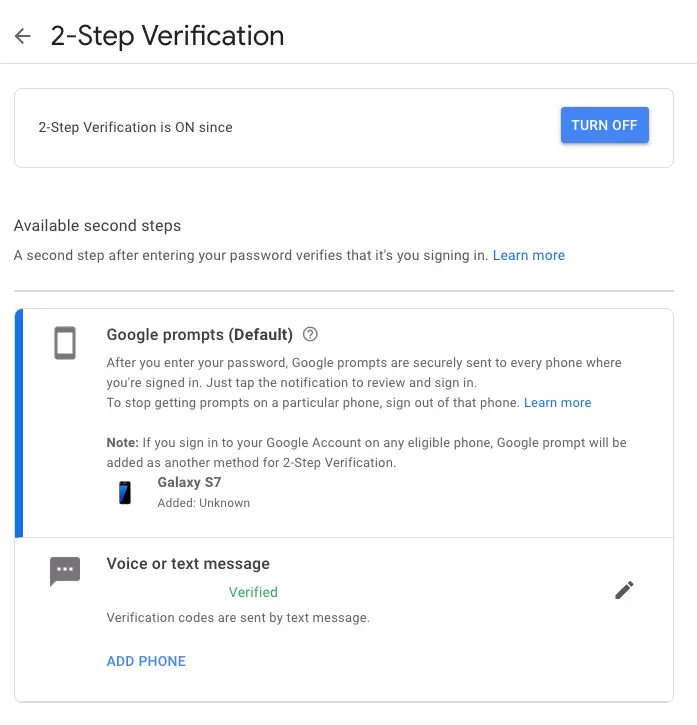 Account di Google, schermata di “Verifica in due passaggi”