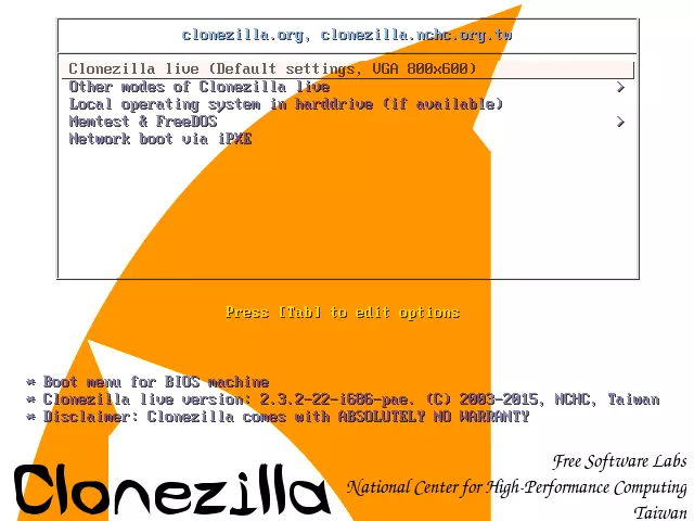 Menu live boot di Clonezilla: scelta della modalità operativa