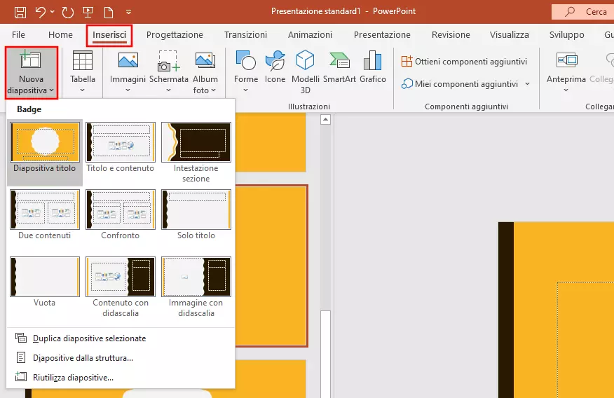 Inserimento dei layout diapositiva tramite la scheda “Inserisci” in PowerPoint