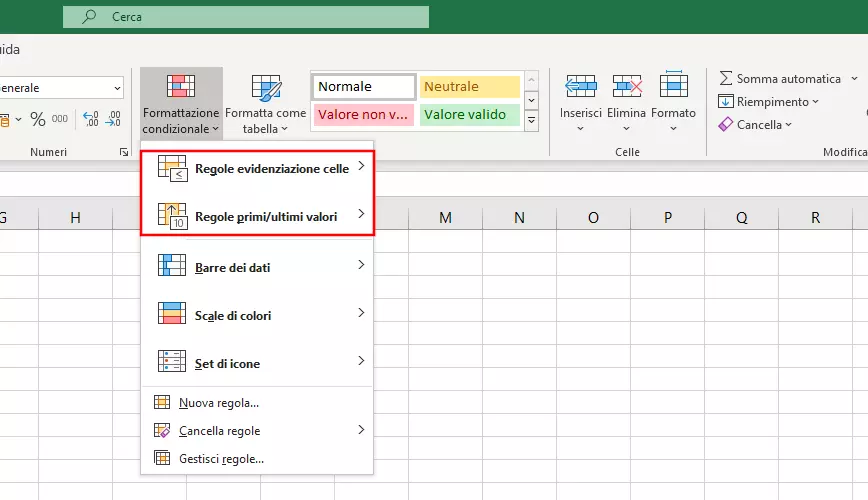 Excel: formattazione condizionale in base alle regole