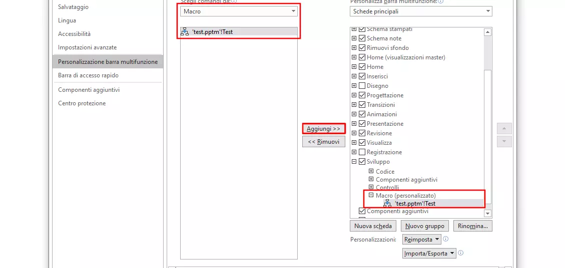 Personalizzazione della barra multifunzione di PowerPoint: aggiunta della macro