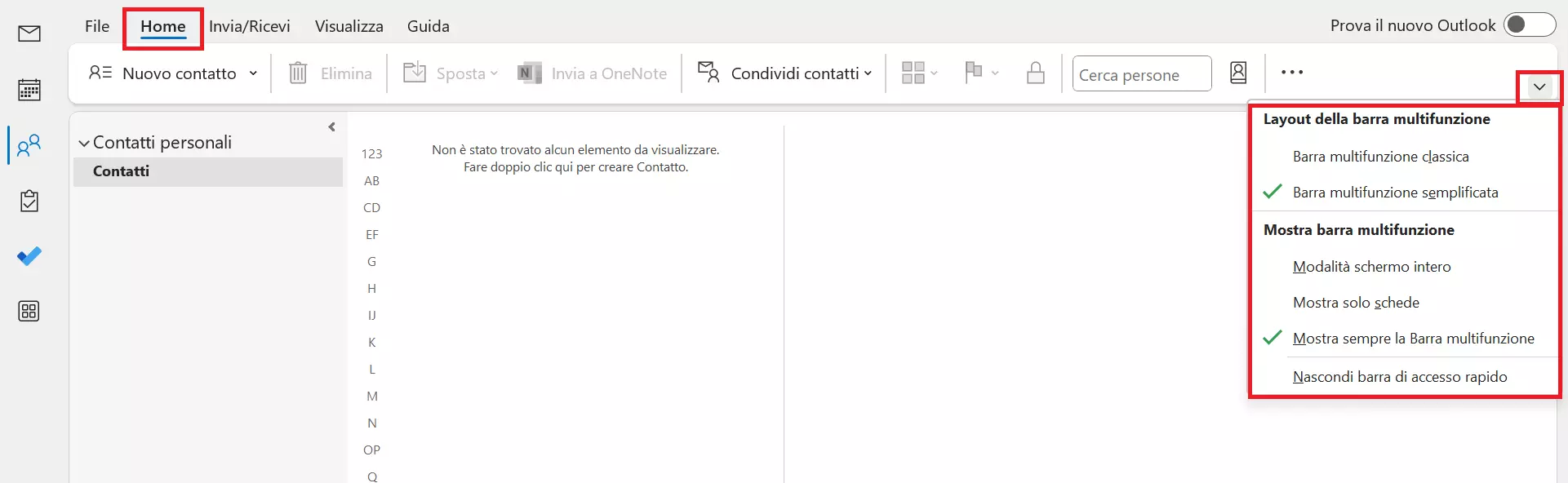 L’icona della freccia nella barra multifunzione di Outlook