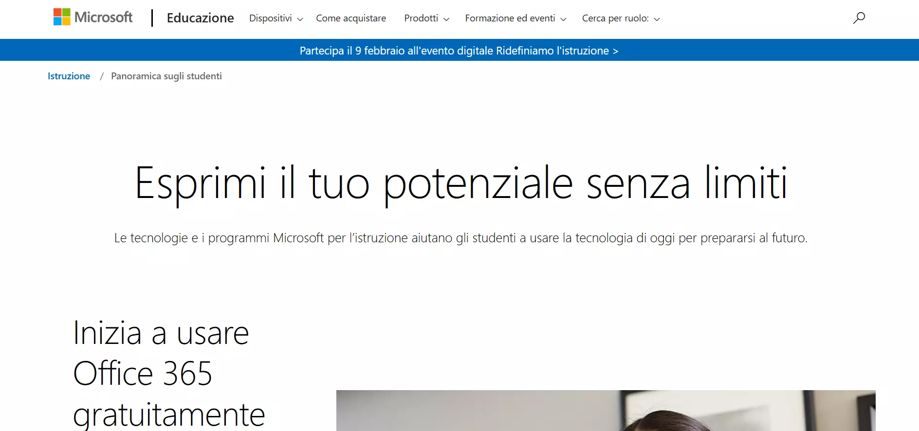 La pagina web di Microsoft Office 365 Education