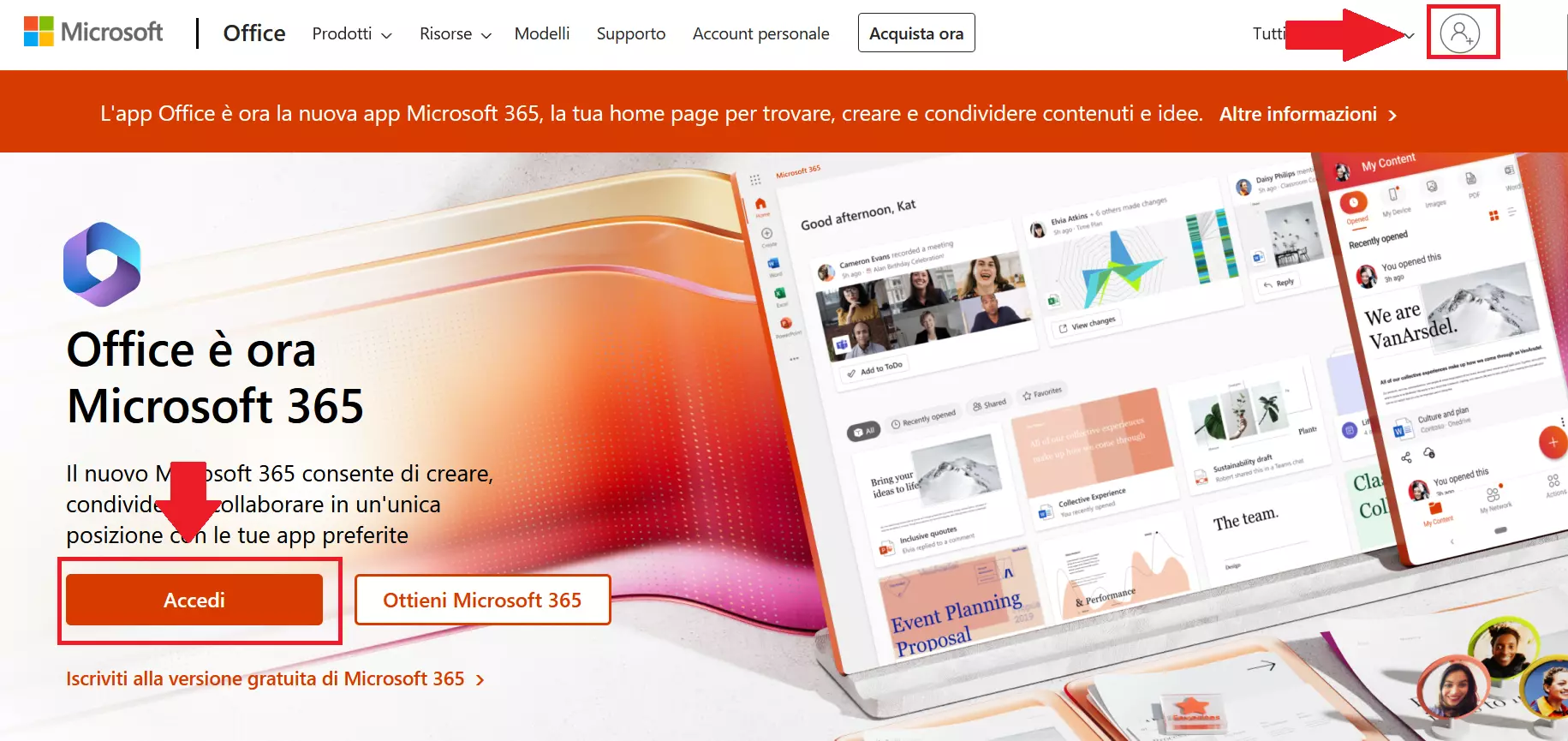 Pagina iniziale di Microsoft Office con opzioni per l’accesso