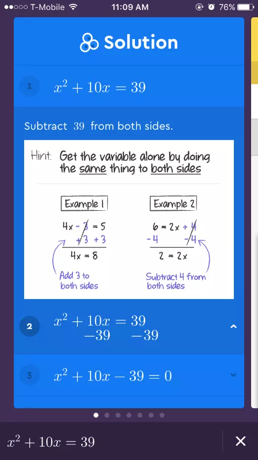 Screenshot di un’equazione risolta con l’app Socratic