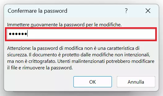 Excel: finestra di conferma della password