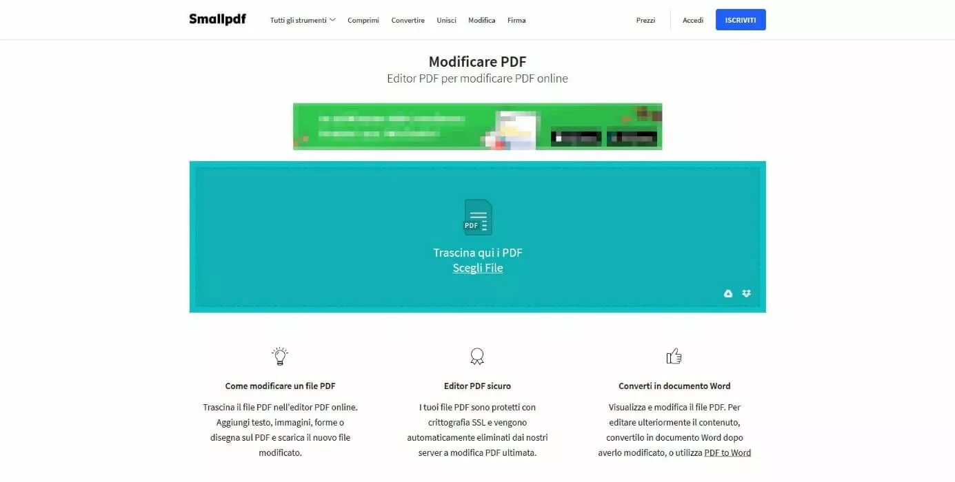 Screenshot della pagina di Smallpdf che permette di modificare i file PDF direttamente online.