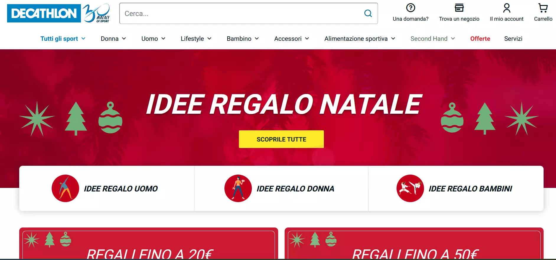 Screenshot del sito di Decathlon con idee per i regali di Natale