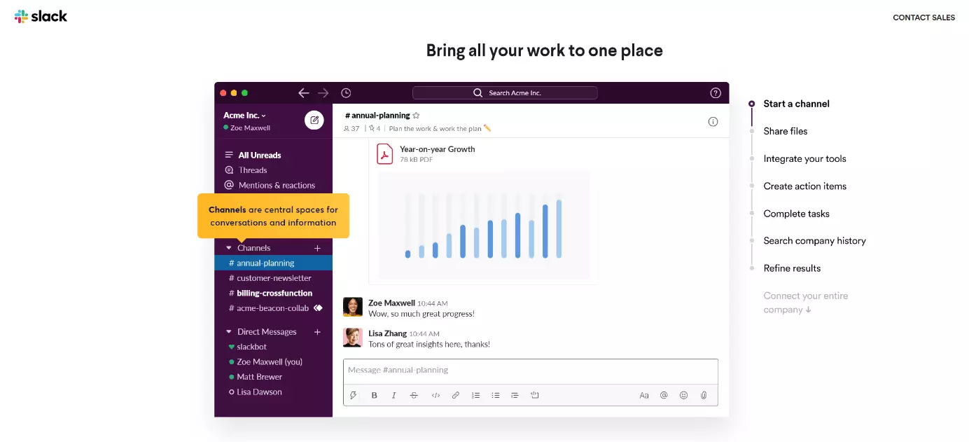 Interfaccia utente in inglese di Slack