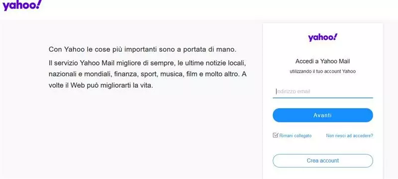 Pagina di registrazione di Yahoo Mail