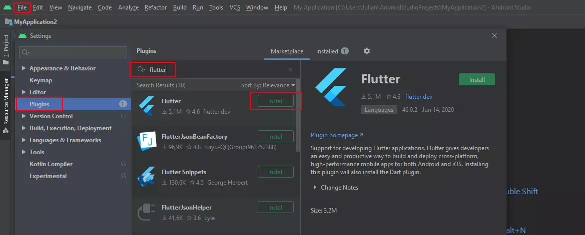 Installazione del plug-in di Flutter con Android Studio