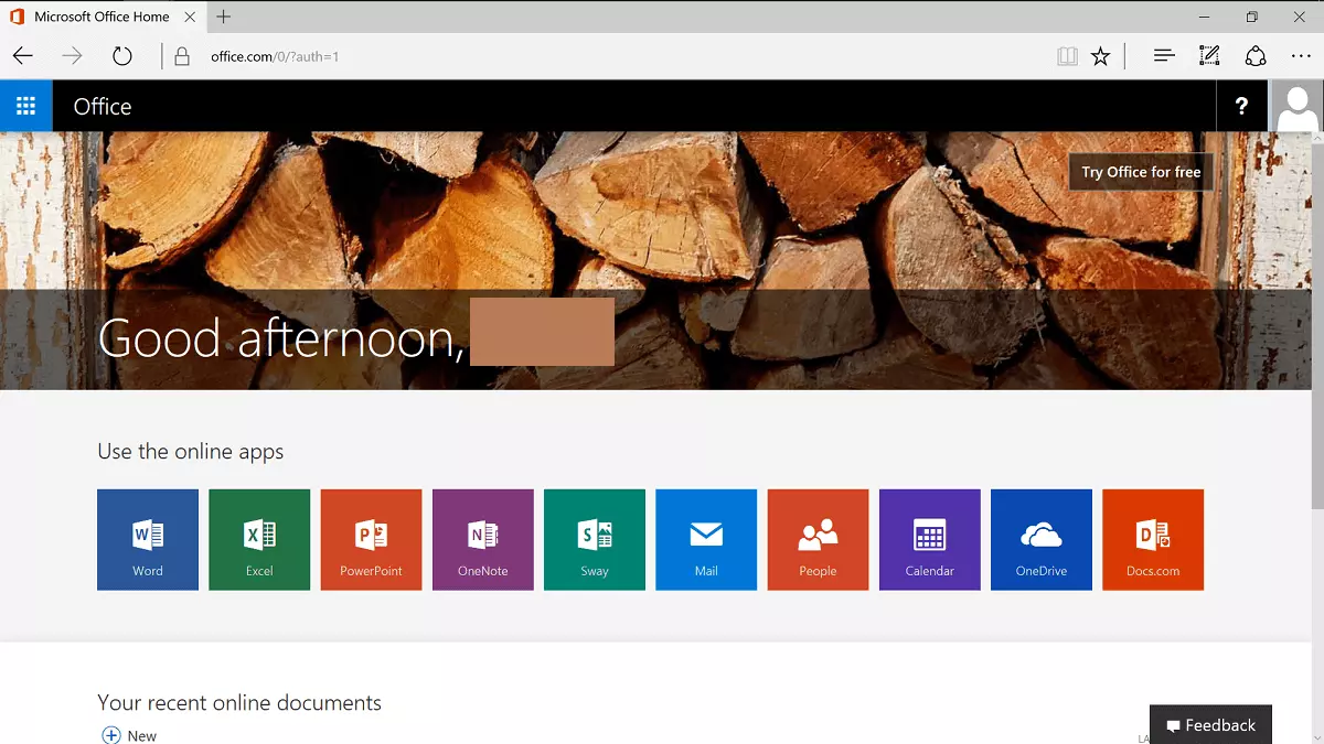 Screenshot della schermata iniziale di Microsoft Office Online