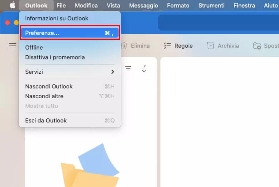 Outlook per Mac: menu a tendina con voce di menu “Preferenze…”