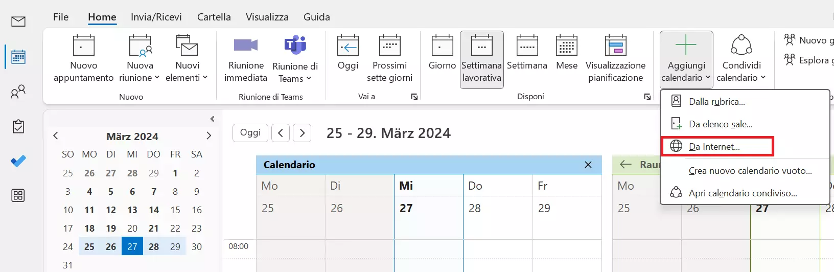 Outlook: aggiungere un calendario da internet