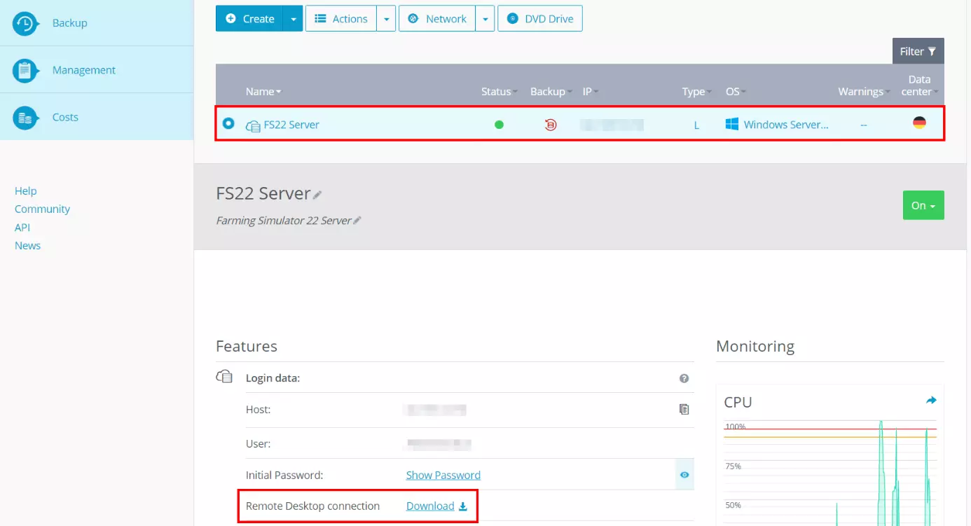 Dati di accesso al server nel Cloud Panel di IONOS