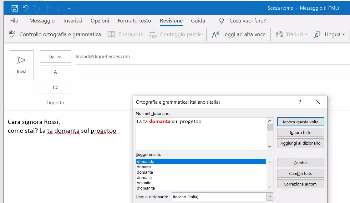 Outlook: controllo manuale dell’ortografia