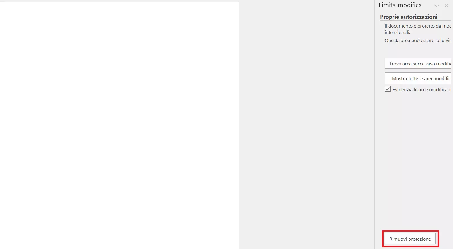 Opzione “Rimuovi protezione” di Word