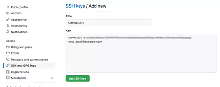 Chiave SSH pubblica copiata nella pagina delle impostazioni di GitHub