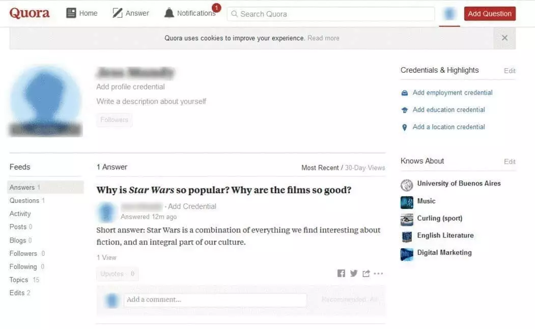 Esempio di profilo sulla versione inglese di Quora