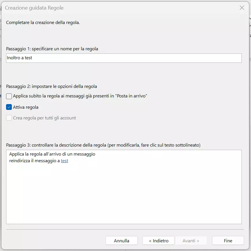 Outlook 365: “Fine” nella creazione guidata Regole