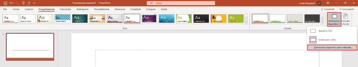 Pulsante “Dimensioni diapositiva” in PowerPoint