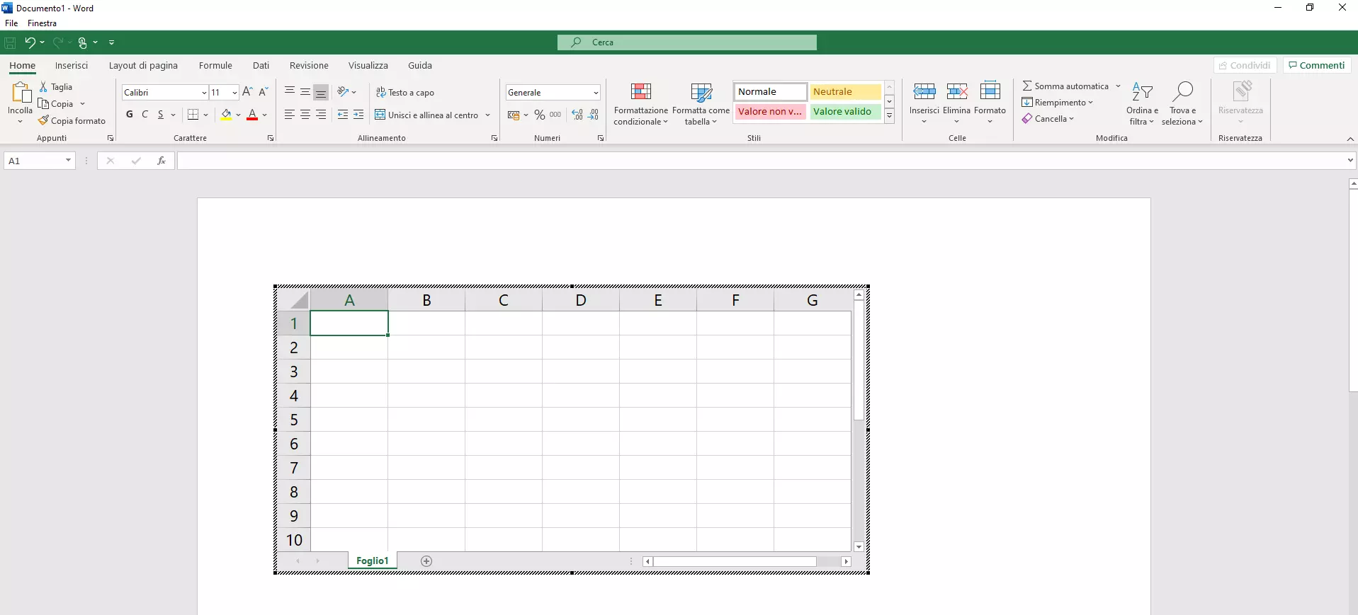 Screenshot di come creare una tabella Excel in Word