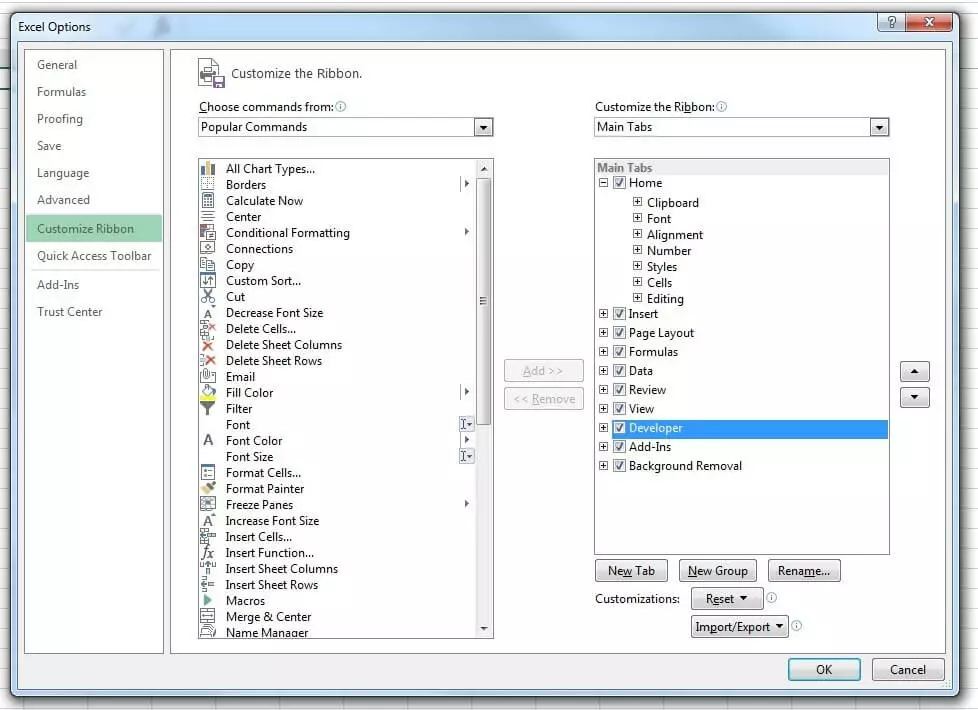 Menu delle opzioni di Excel: personalizzazione della barra multifunzione