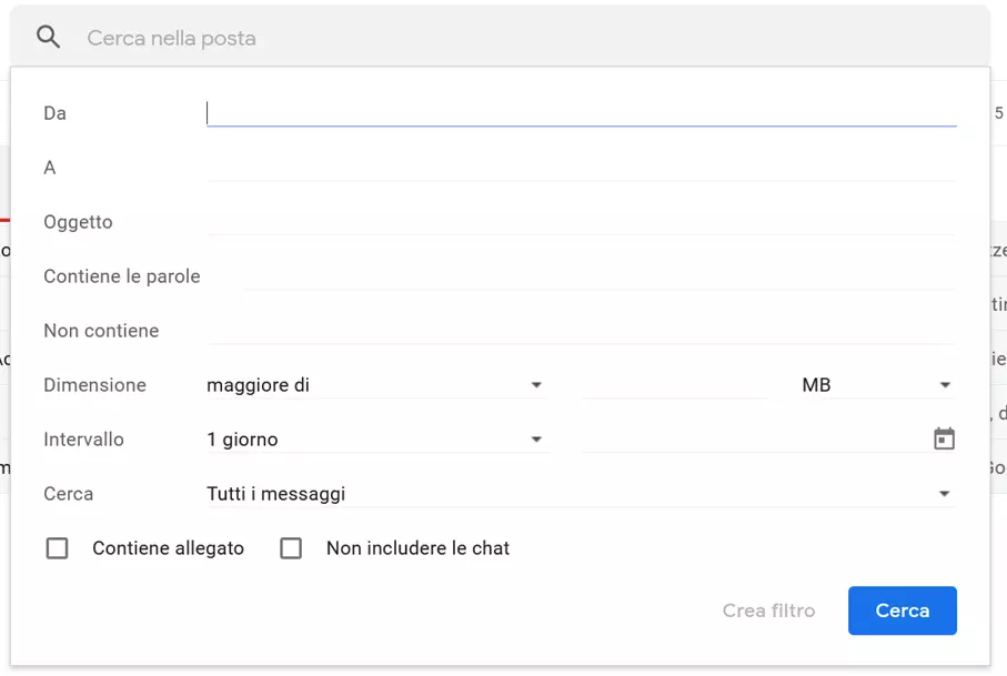 Finestra di Gmail per la ricerca avanzata
