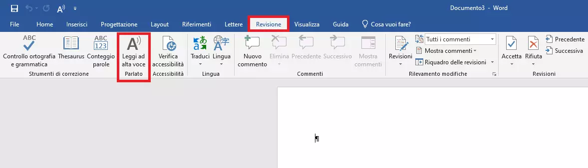 Menu Word “Revisione” con la funzione “Leggi ad alta voce”