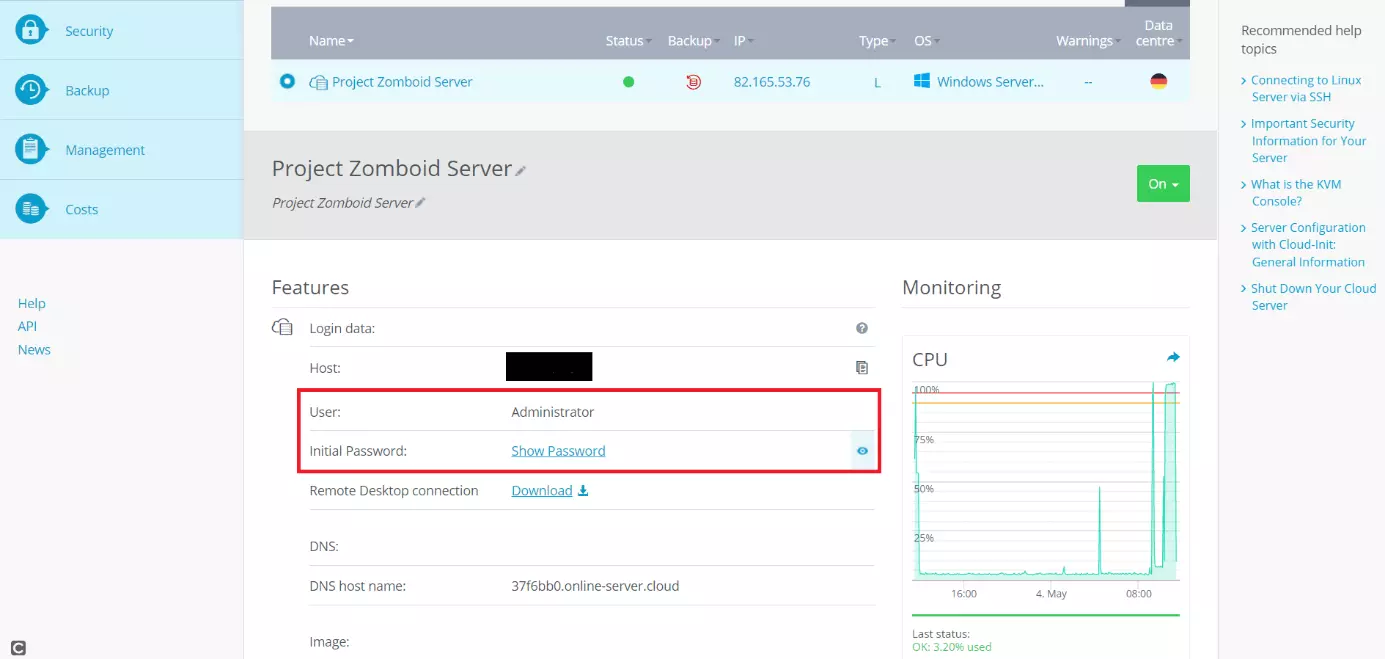 Informazioni di login per il vostro server nel Cloud Panel