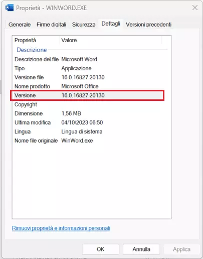 Proprietà del file WINWORD.EXE