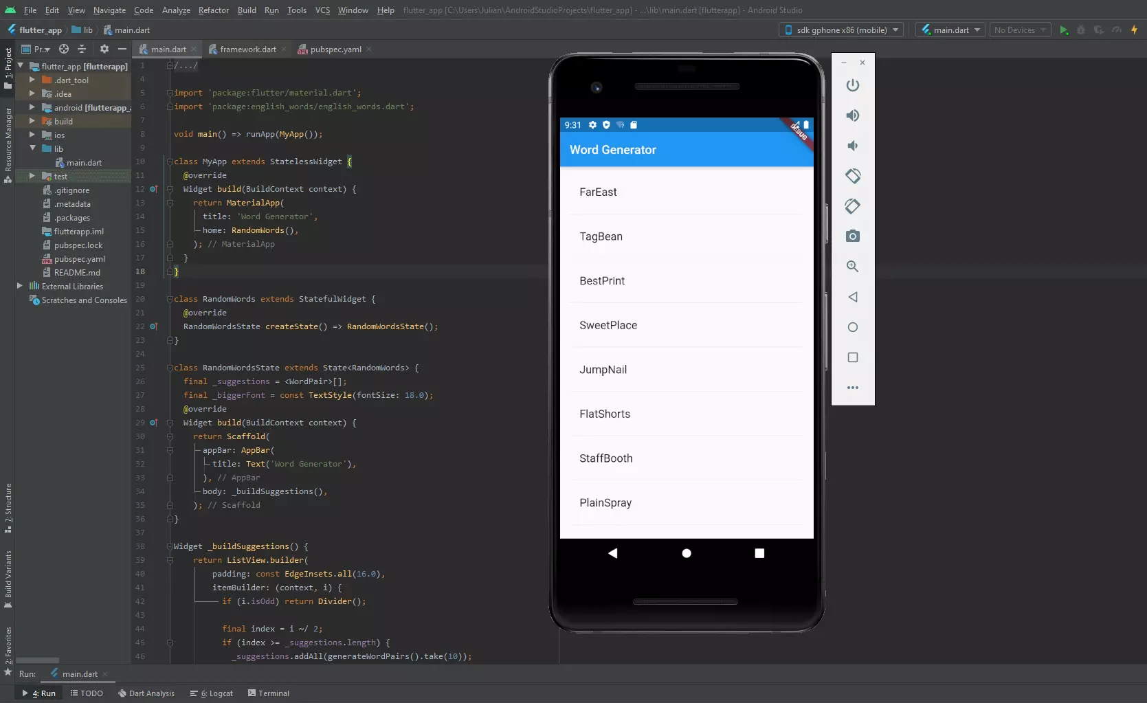 Android Studio e macchina virtuale di Android con l’esempio di app di Flutter